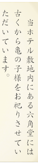 当ホテル敷地内にある六角堂には古くから亀の子様をお祀りさせていただいています。