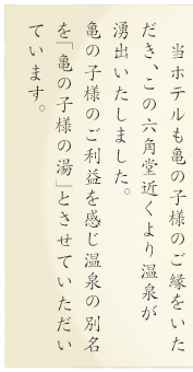 当ホテルも亀の子様のご縁をいただき、この六角堂近くより温泉が湧出いたしました。亀の子様のご利益を感じ温泉の別名を「亀の子様の湯」とさせていただいています。